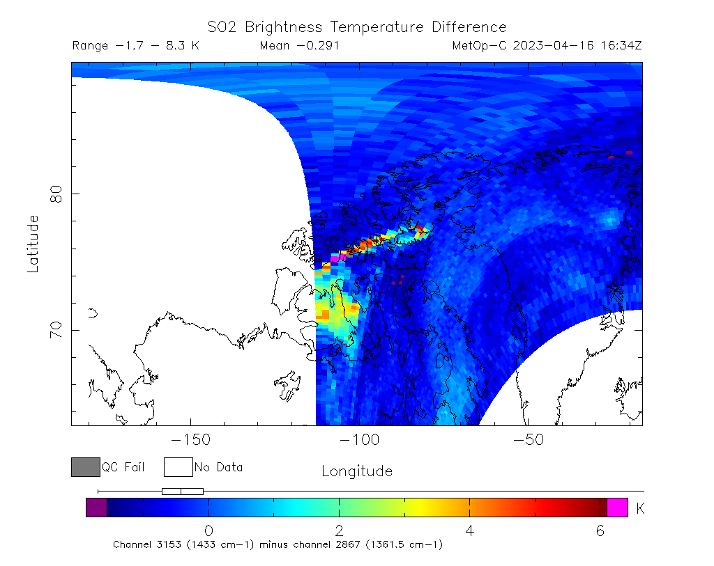 SO2 Brightness Temperature Difference 2023-04-16 16:34Z
