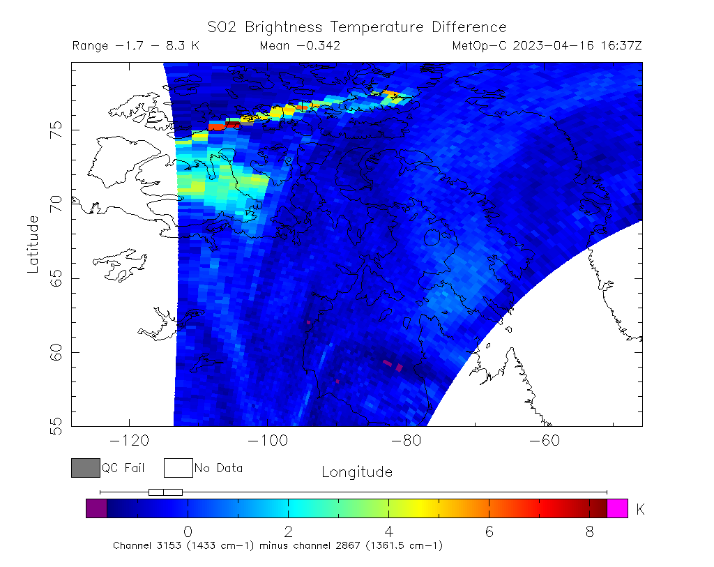 SO2 Brightness Temperature Difference 2023-04-16 16:37Z