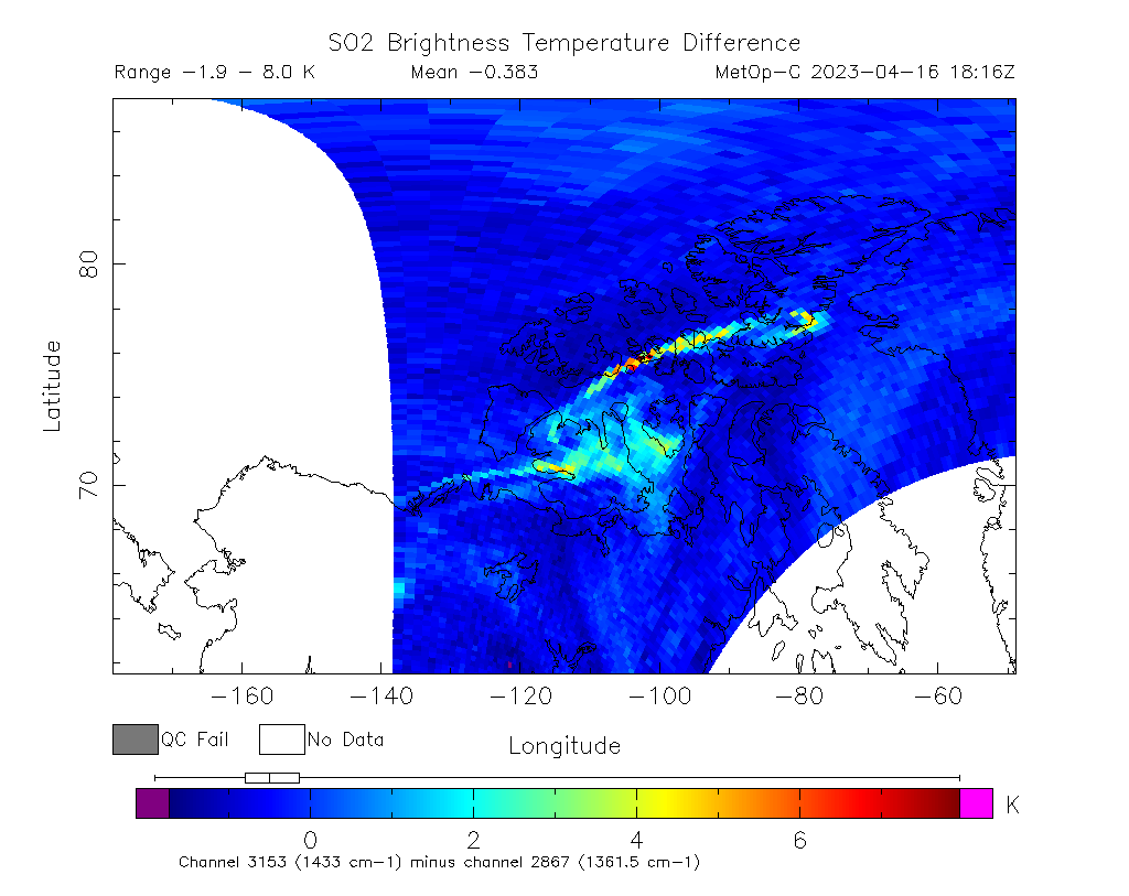 SO2 Brightness Temperature Difference 2023-04-16 18:16Z