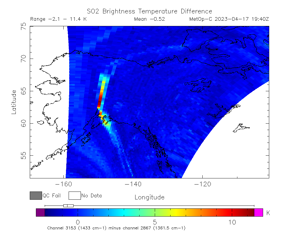 SO2 Brightness Temperature Difference 2023-04-17 19:40Z