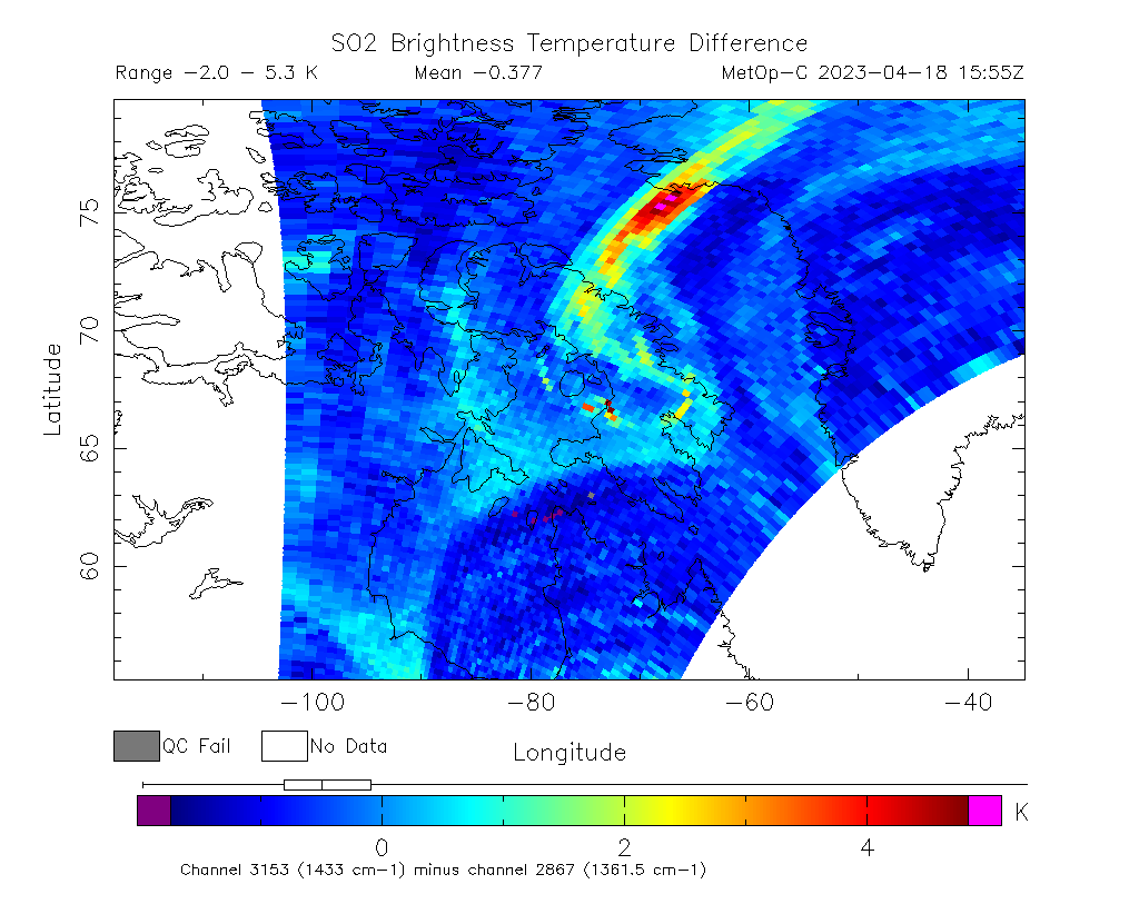 SO2 Brightness Temperature Difference 2023-04-18 15:55Z