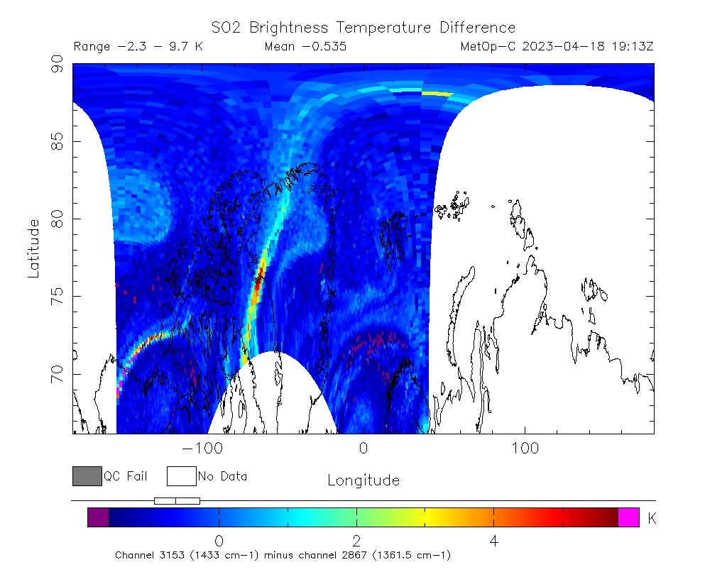 SO2 Brightness Temperature Difference 2023-04-18 19:13Z