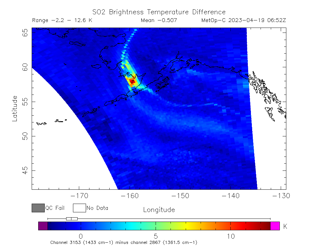 SO2 Brightness Temperature Difference 2023-04-19 06:52Z