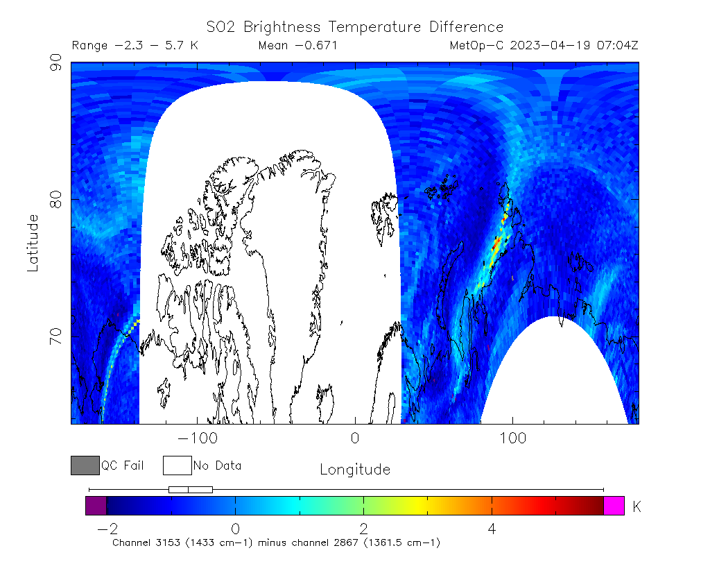 SO2 Brightness Temperature Difference 2023-04-19 07:04Z