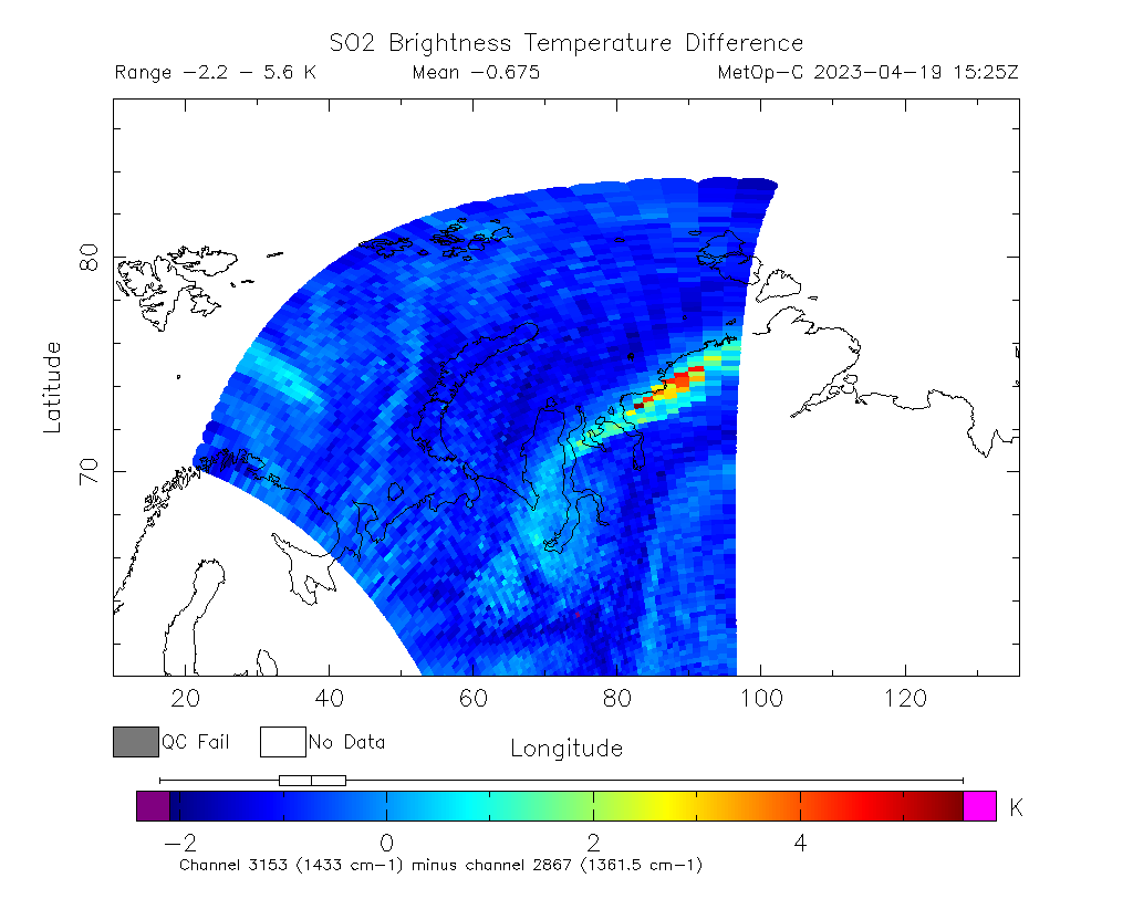 SO2 Brightness Temperature Difference 2023-04-19 15:25Z