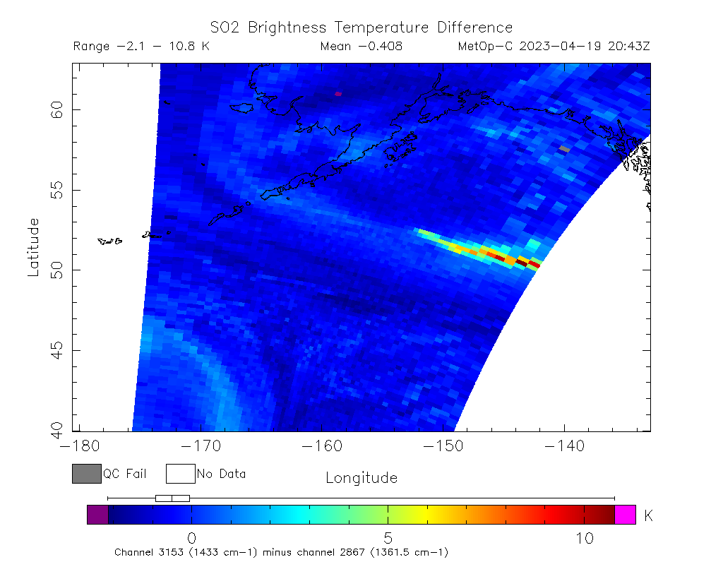 SO2 Brightness Temperature Difference 2023-04-19 20:43Z