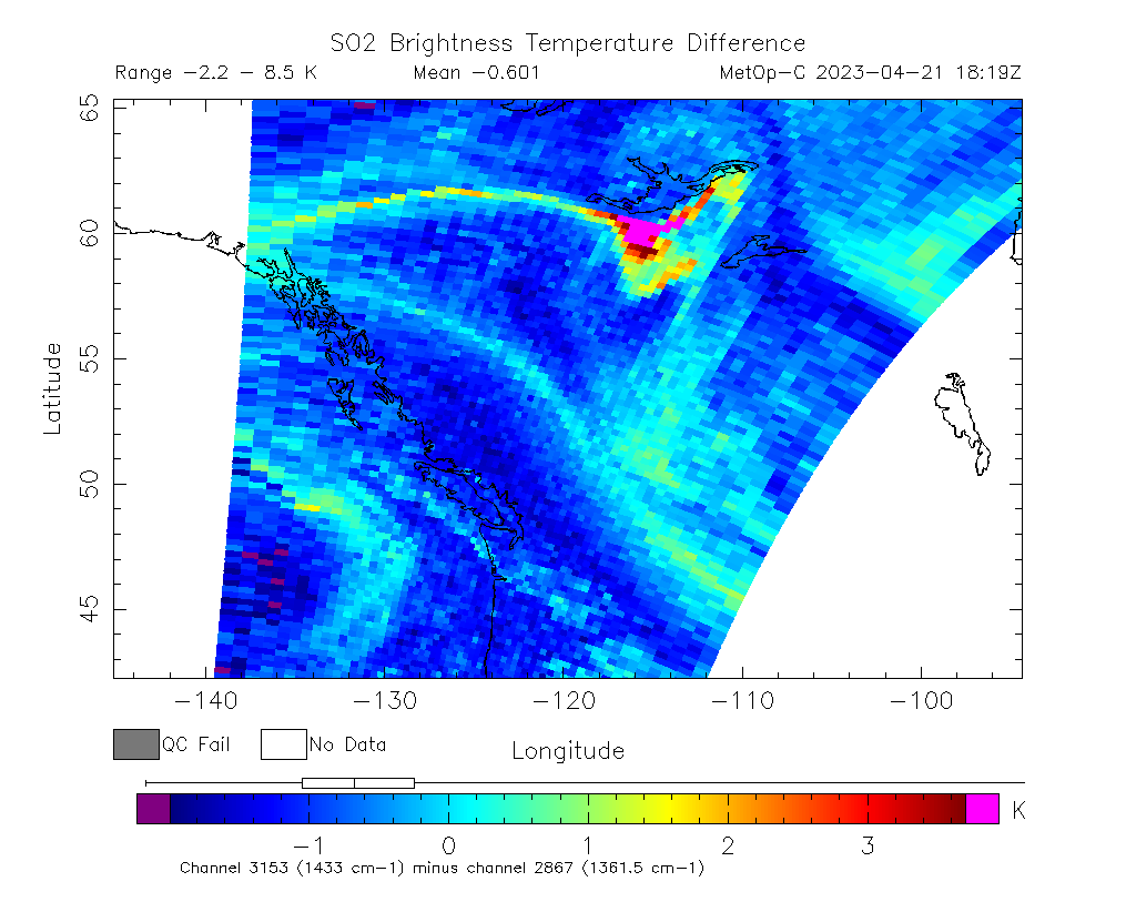 SO2 Brightness Temperature Difference 2023-04-21 18:19Z
