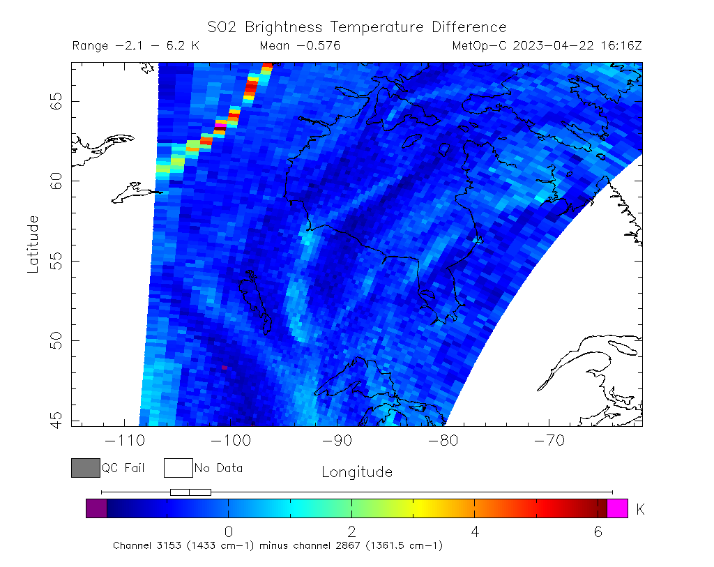 SO2 Brightness Temperature Difference 2023-04-22 16:16Z