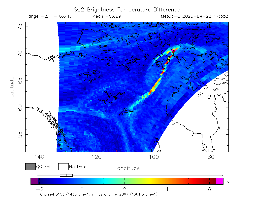 SO2 Brightness Temperature Difference 2023-04-22 17:55Z