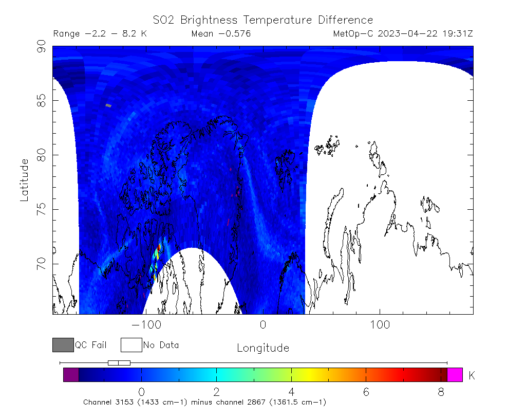 SO2 Brightness Temperature Difference 2023-04-22 19:31Z