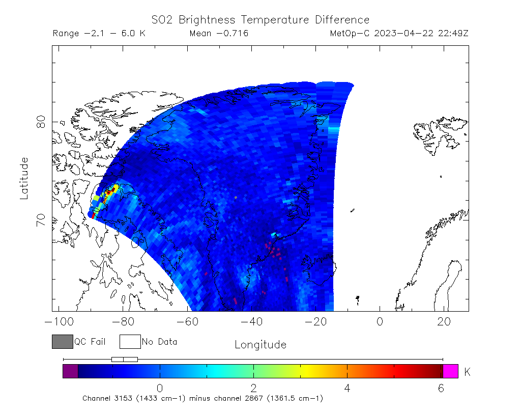 SO2 Brightness Temperature Difference 2023-04-22 22:49Z
