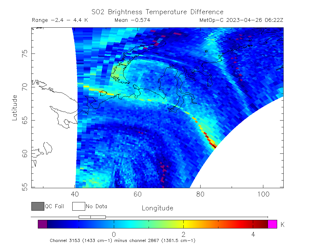 SO2 Brightness Temperature Difference 2023-04-26 06:22Z