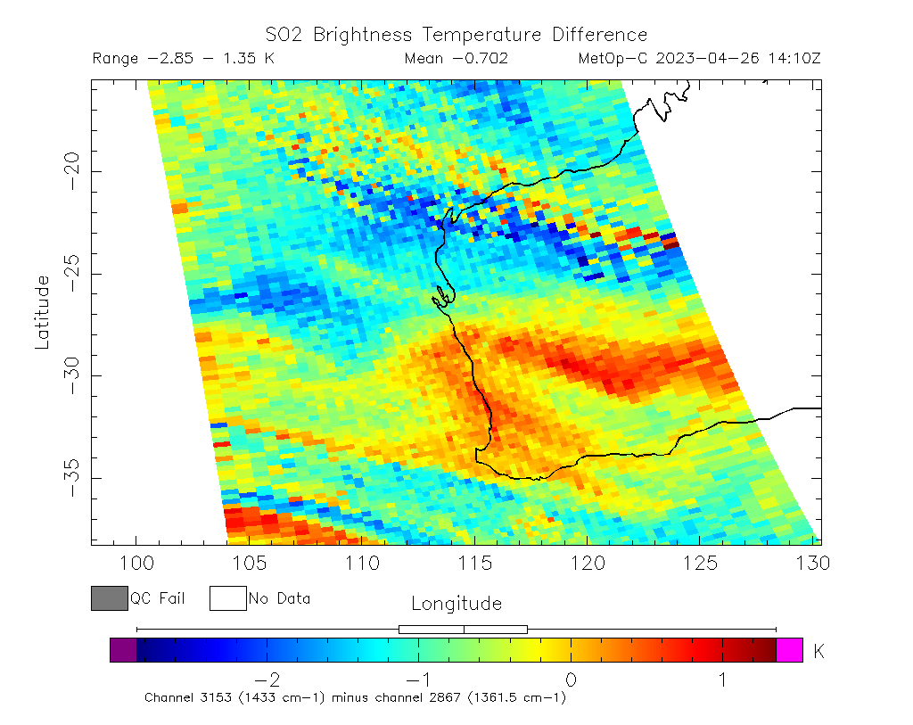 SO2 Brightness Temperature Difference 2023-04-26 14:10Z
