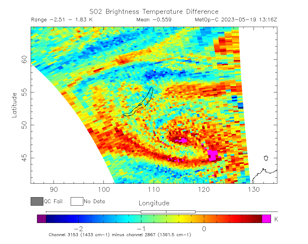 SO2 Brightness Temperature Difference 2023-05-19 13:16Z