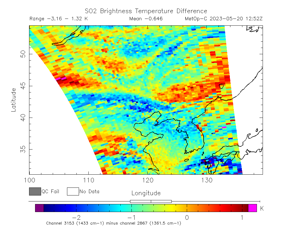 SO2 Brightness Temperature Difference 2023-05-20 12:52Z