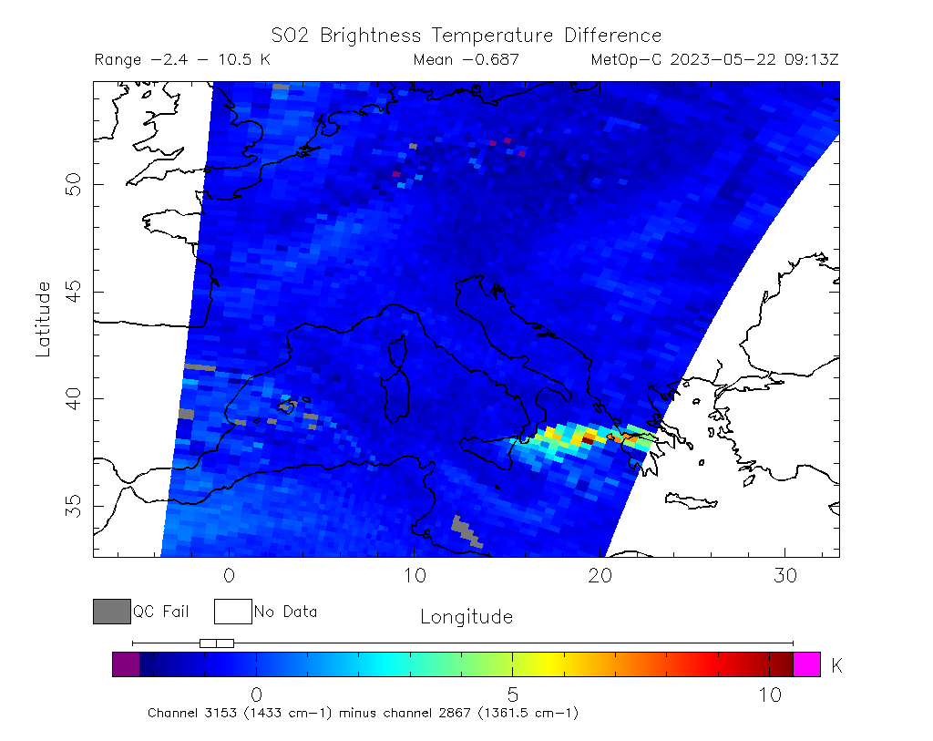 SO2 Brightness Temperature Difference 2023-05-22 09:13Z