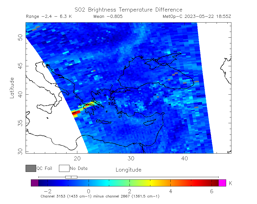 SO2 Brightness Temperature Difference 2023-05-22 18:55Z