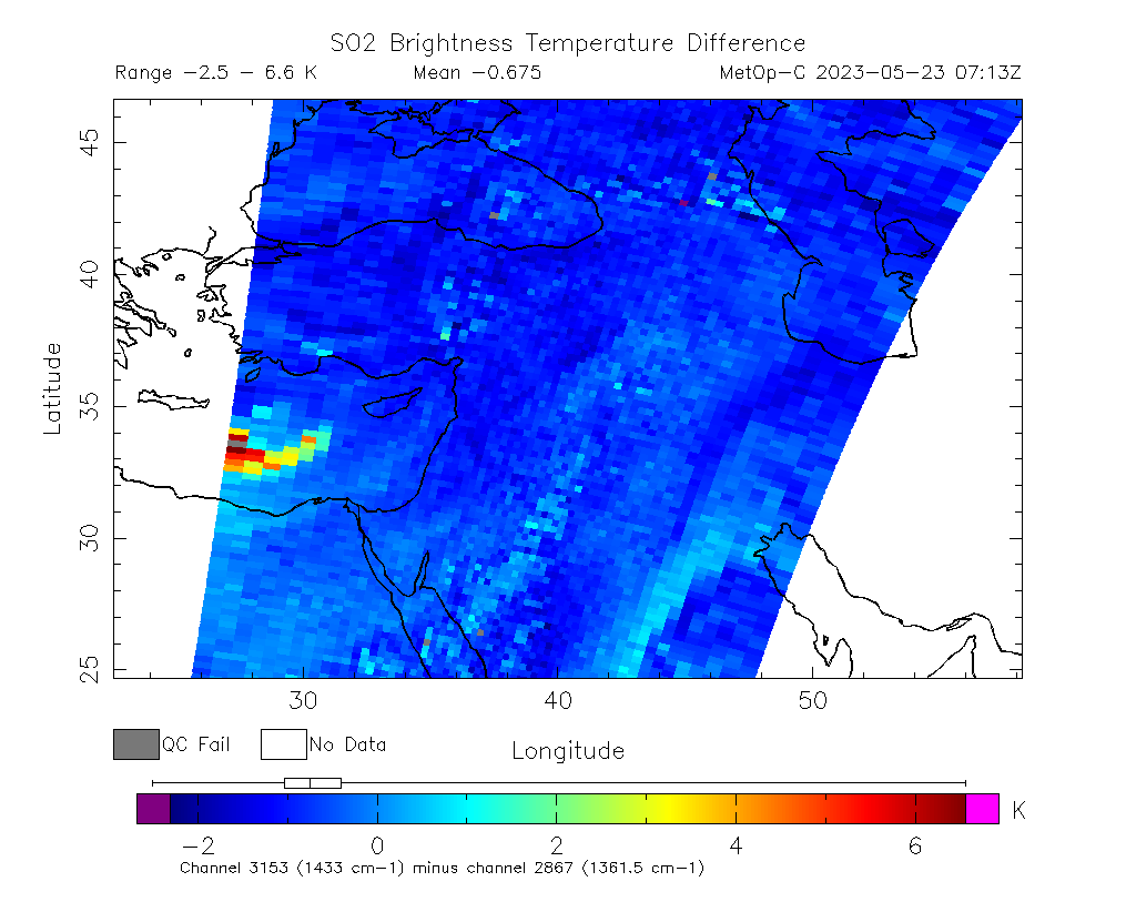 SO2 Brightness Temperature Difference 2023-05-23 07:13Z