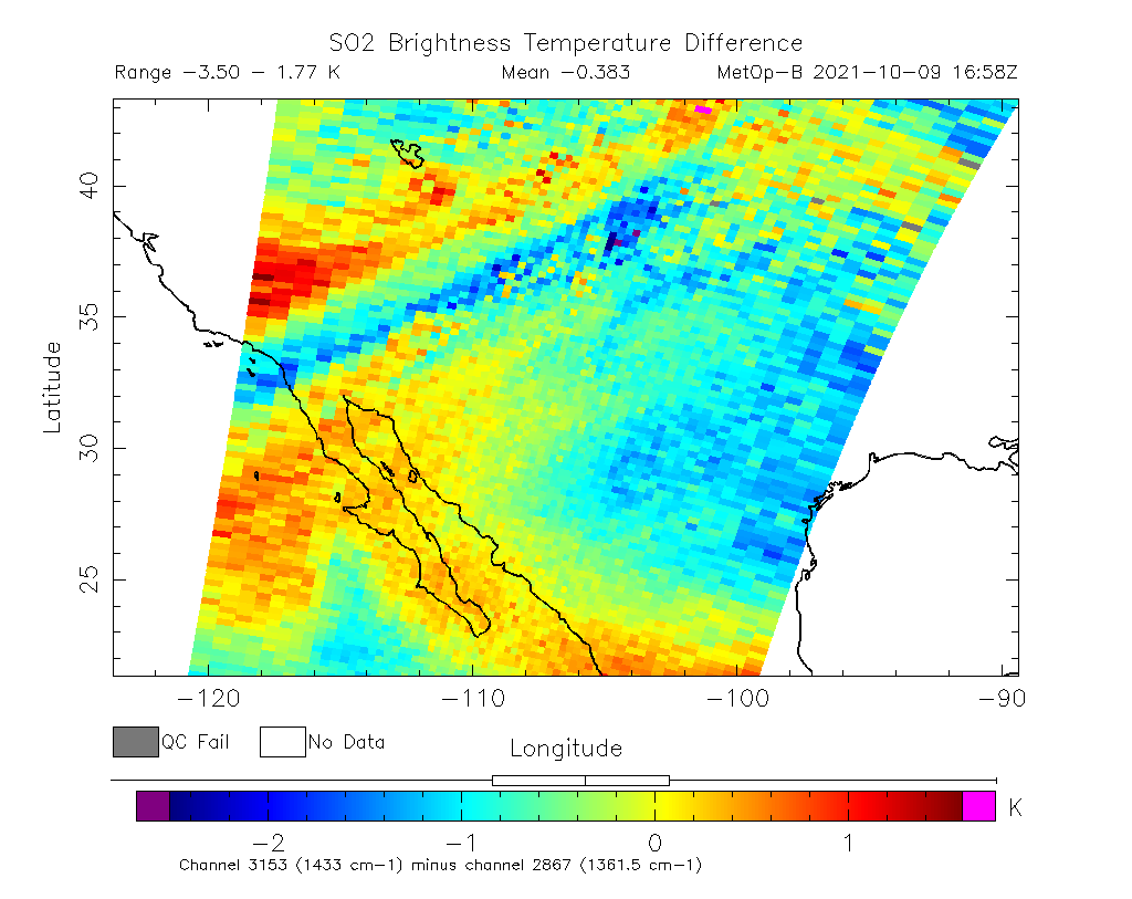 SO2 Brightness Temperature Difference 2021-10-09 16:58Z
