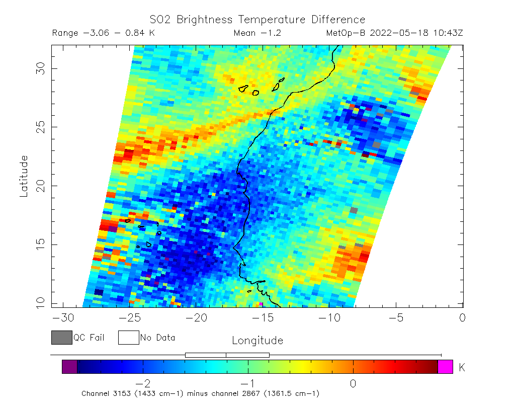 SO2 Brightness Temperature Difference 2022-05-18 10:43Z