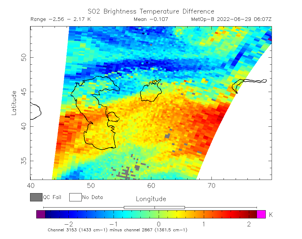 SO2 Brightness Temperature Difference 2022-06-29 06:07Z