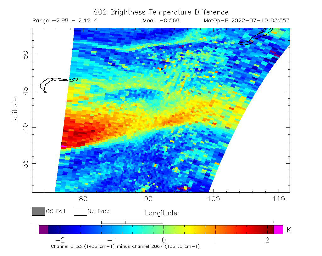 SO2 Brightness Temperature Difference 2022-07-10 03:55Z