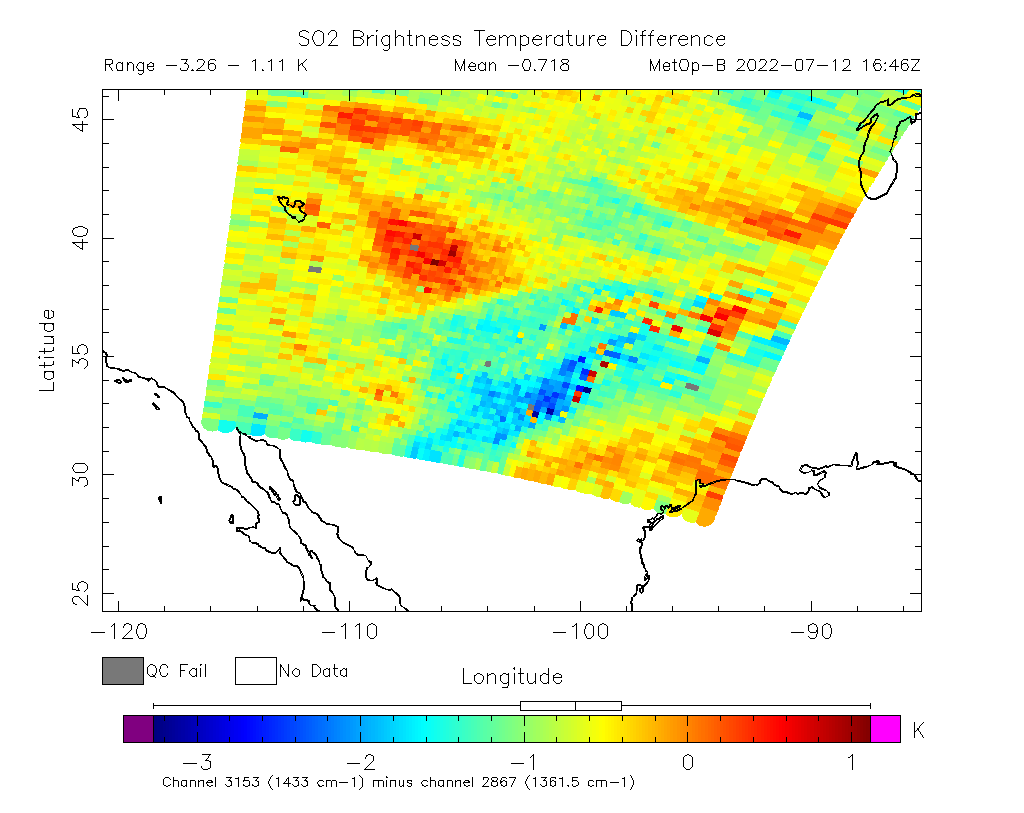 SO2 Brightness Temperature Difference 2022-07-12 16:46Z