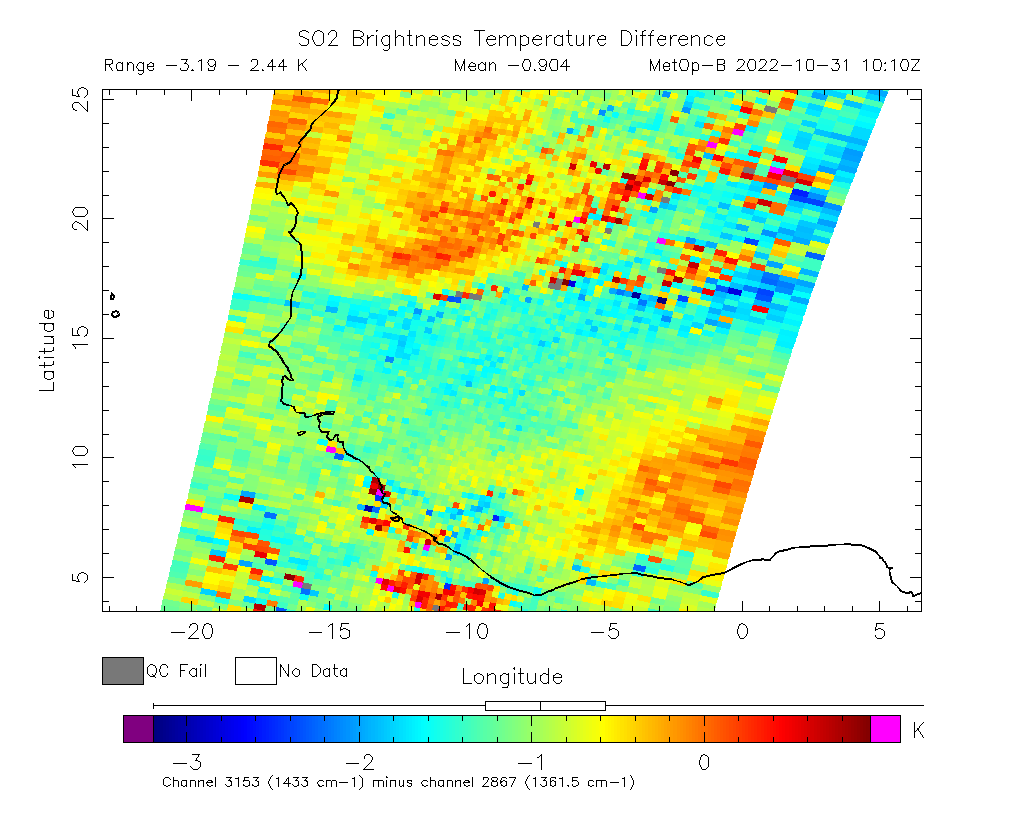 SO2 Brightness Temperature Difference 2022-10-31 10:10Z