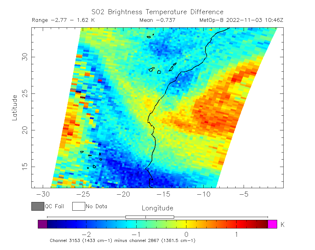 SO2 Brightness Temperature Difference 2022-11-03 10:46Z