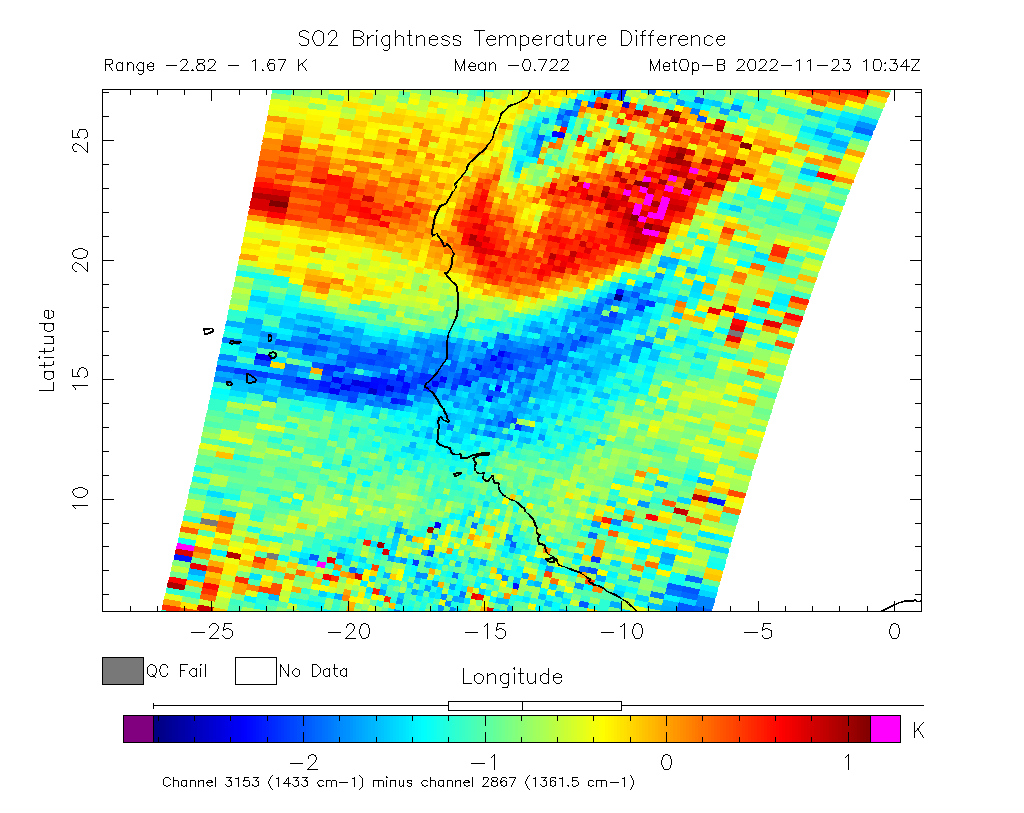 SO2 Brightness Temperature Difference 2022-11-23 10:34Z