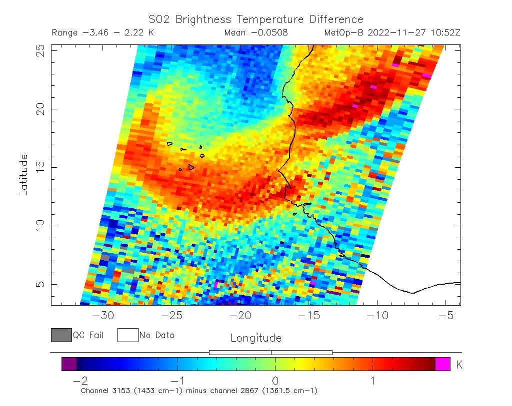 SO2 Brightness Temperature Difference 2022-11-27 10:52Z