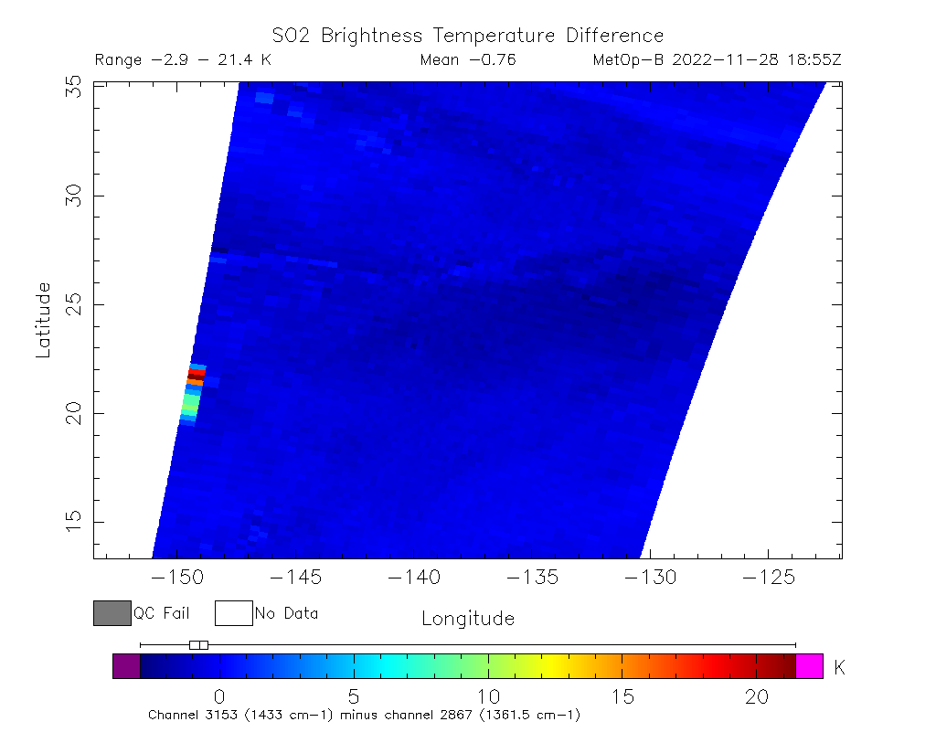 SO2 Brightness Temperature Difference 2022-11-28 18:55Z