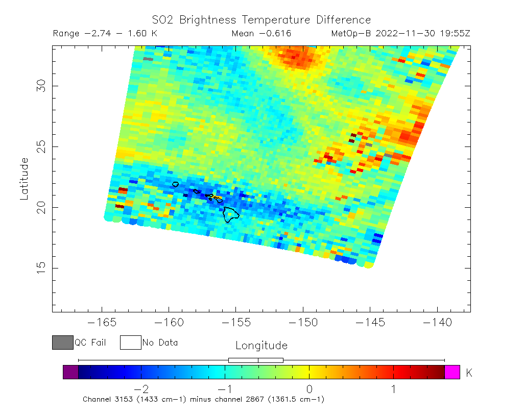 SO2 Brightness Temperature Difference 2022-11-30 19:55Z
