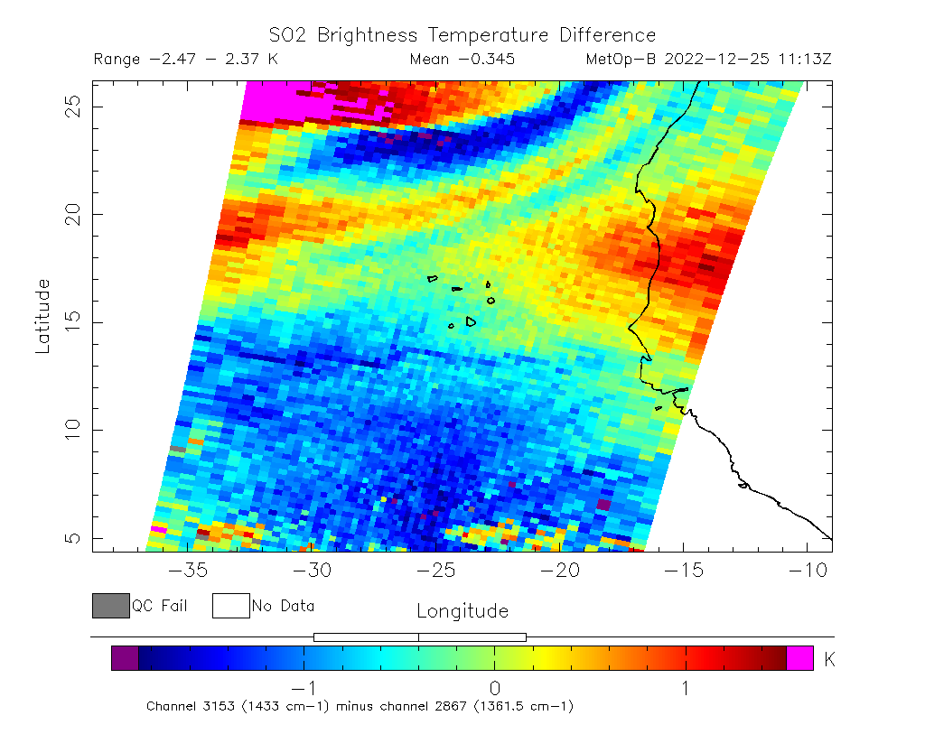 SO2 Brightness Temperature Difference 2022-12-25 11:13Z