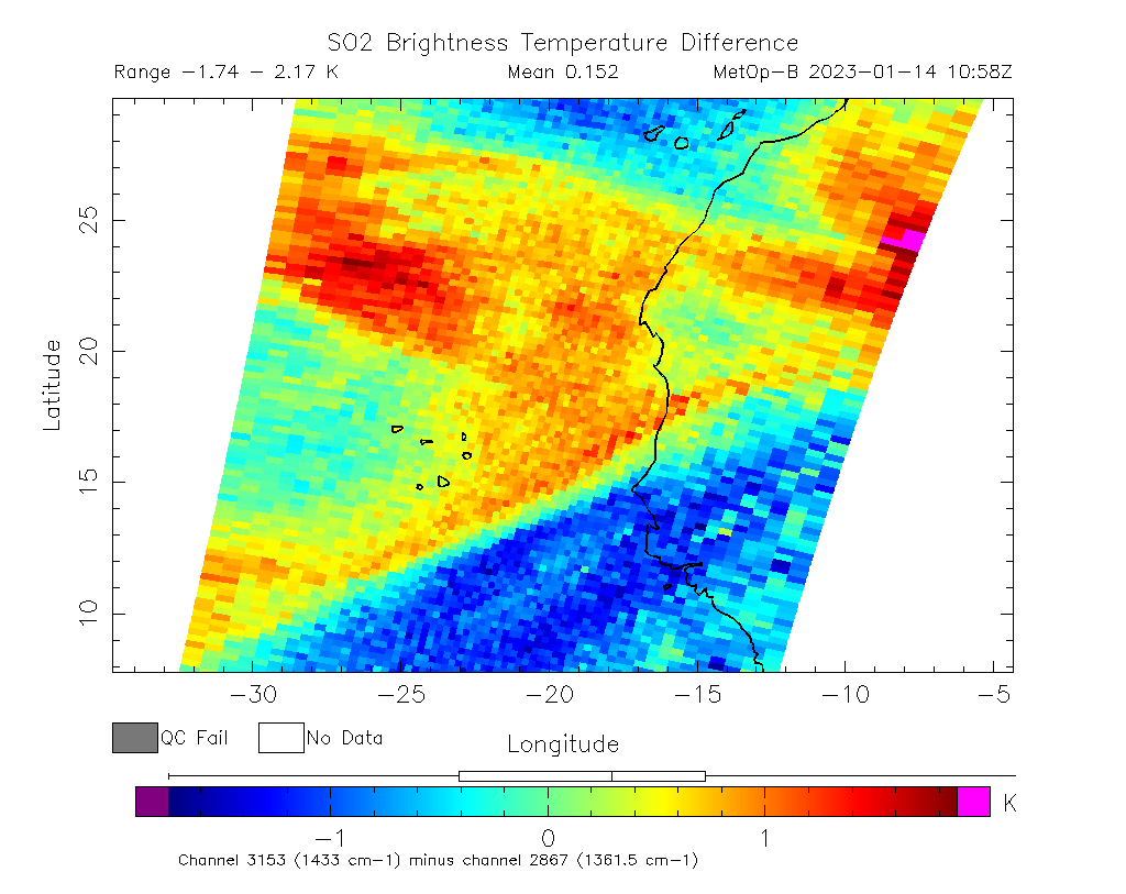 SO2 Brightness Temperature Difference 2023-01-14 10:58Z