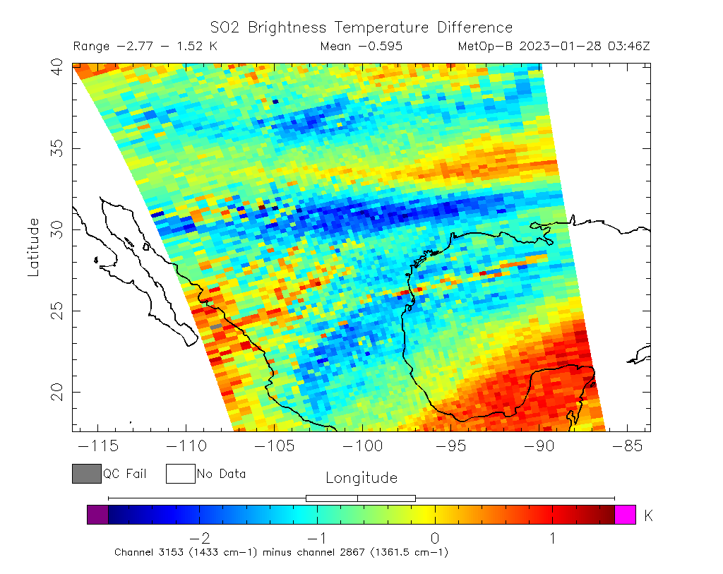 SO2 Brightness Temperature Difference 2023-01-28 03:46Z