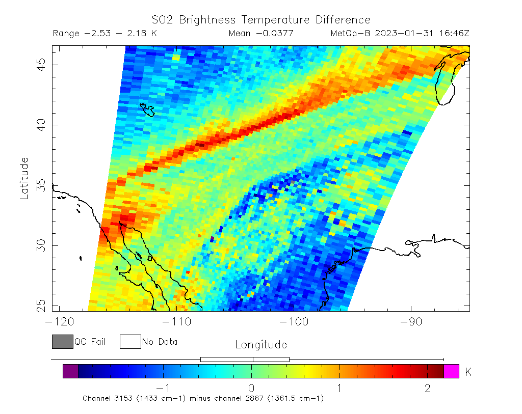 SO2 Brightness Temperature Difference 2023-01-31 16:46Z