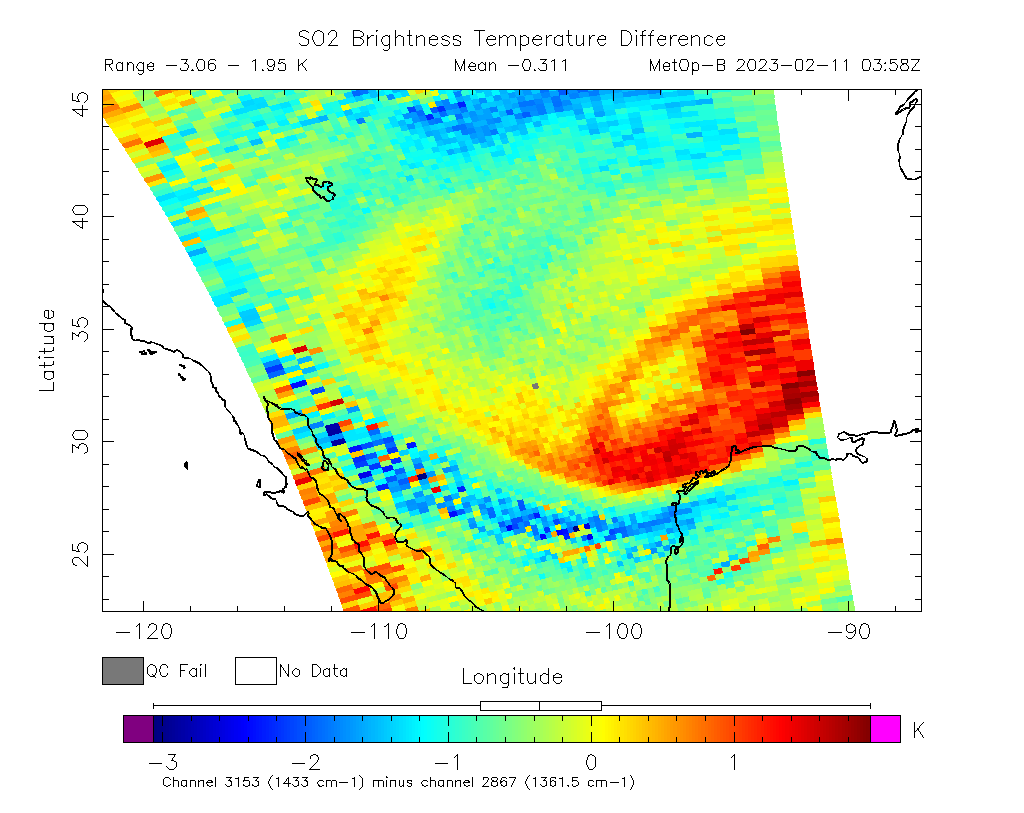 SO2 Brightness Temperature Difference 2023-02-11 03:58Z