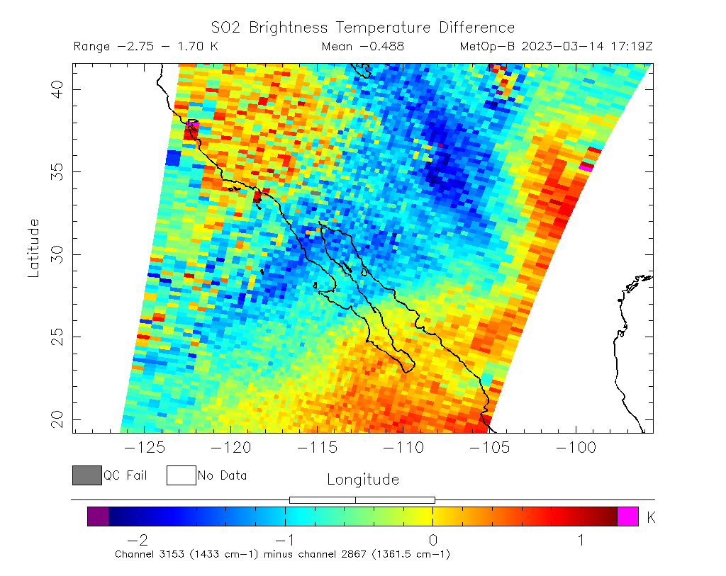 SO2 Brightness Temperature Difference 2023-03-14 17:19Z