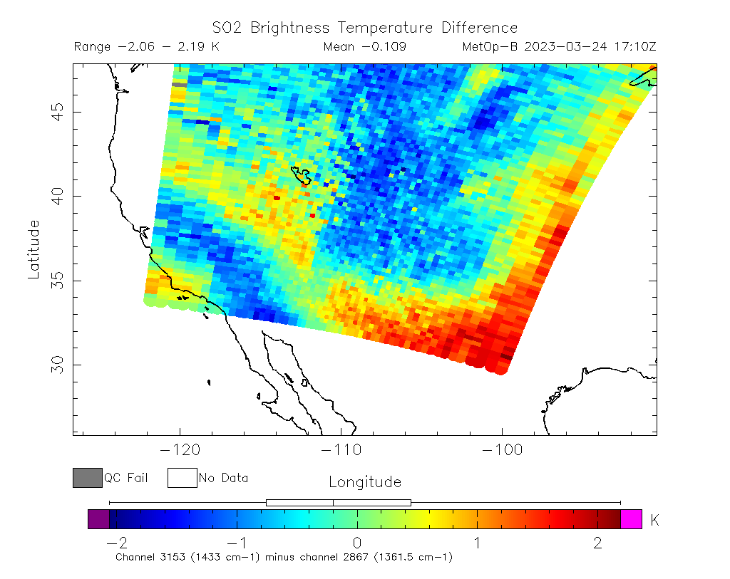 SO2 Brightness Temperature Difference 2023-03-24 17:10Z