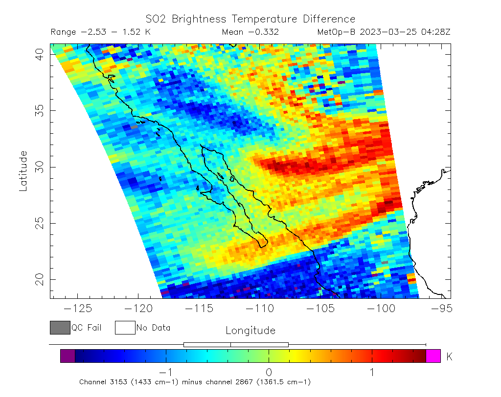 SO2 Brightness Temperature Difference 2023-03-25 04:28Z