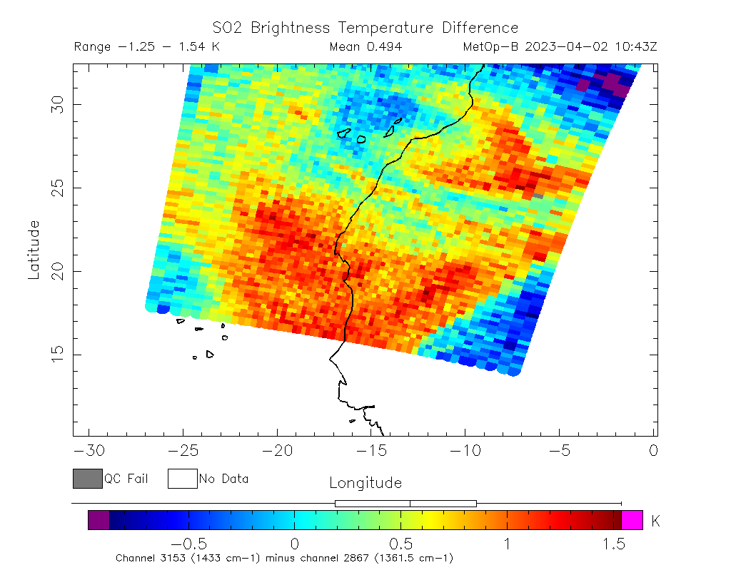 SO2 Brightness Temperature Difference 2023-04-02 10:43Z