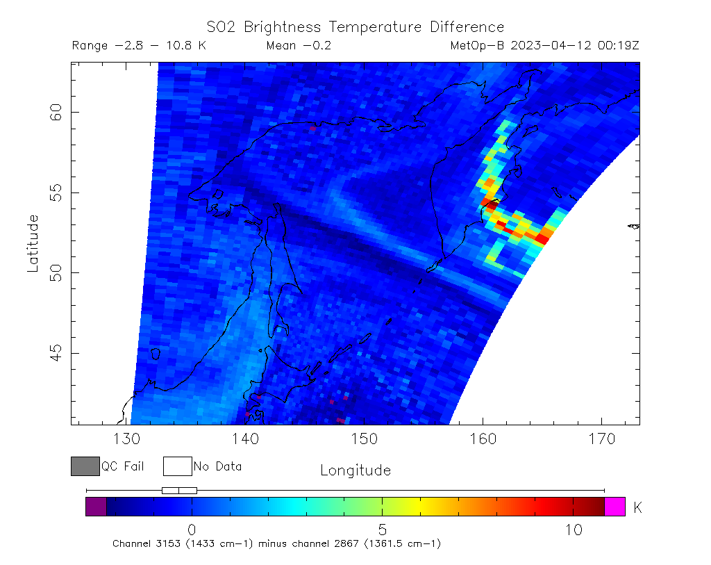 SO2 Brightness Temperature Difference 2023-04-12 00:19Z