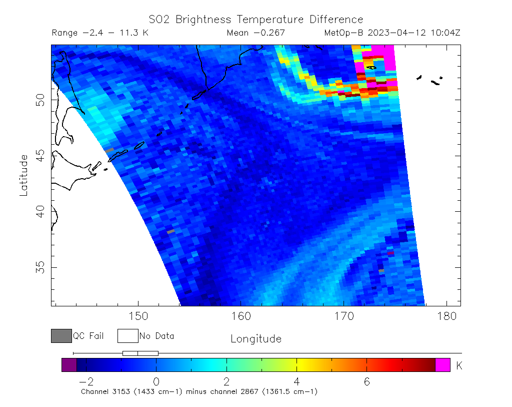 SO2 Brightness Temperature Difference 2023-04-12 10:04Z