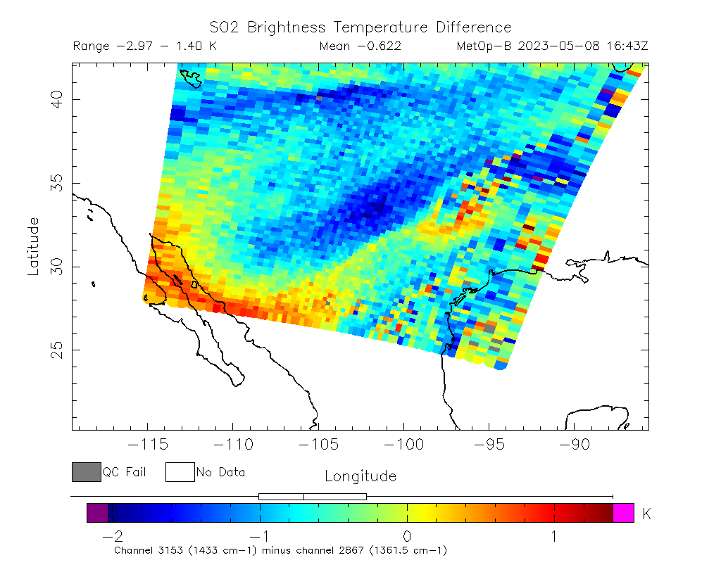 SO2 Brightness Temperature Difference 2023-05-08 16:43Z