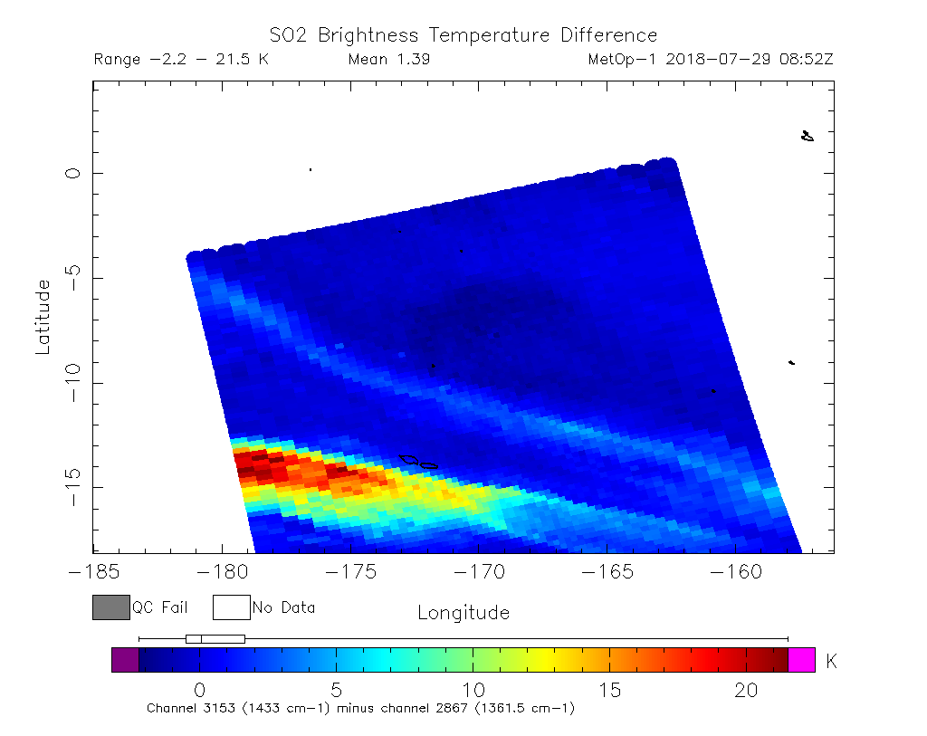 SO2 Brightness Temperature Difference 2018-07-29 08:52Z
