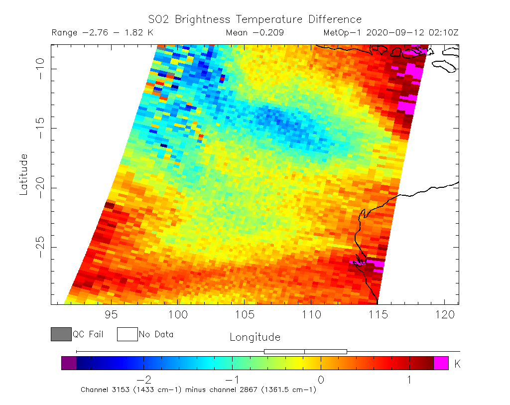 SO2 Brightness Temperature Difference 2020-09-12 02:10Z