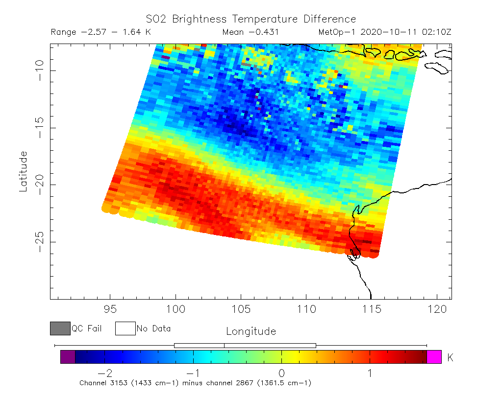 SO2 Brightness Temperature Difference 2020-10-11 02:10Z