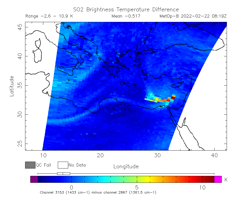 SO2 Brightness Temperature Difference 2022-02-22 08:19Z