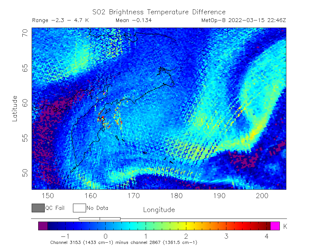 SO2 Brightness Temperature Difference 2022-03-15 22:46Z